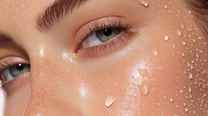 Radiant Skin with Water Droplets: A close-up shot highlights dewy skin with water droplets. The image exudes a sense of freshness, rejuvenation, and natural beauty.
