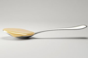 A spoonful of creamy, golden liquid, glistening and smooth, rests on a sleek, silver spoon.