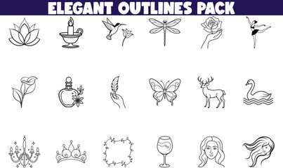 Obraz premium Elegant Outline Pack Floral, Fauna, and Feminine Line Art Designs