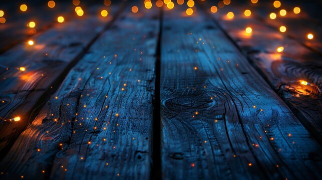 Romantic glowing fairy lights a dark wooden surface festive and magical ambiance ideal for invitations wedding themes or event advertisements with copy space