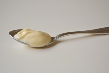A spoonful of creamy, pale yellow mayonnaise on a silver spoon against a white background.