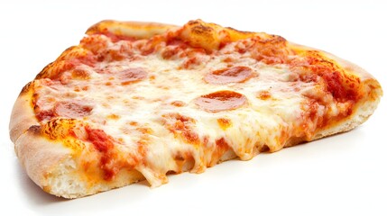 Delicious Pepperoni Pizza Slice with Melted Cheese on a Wooden Surface Against a White Background