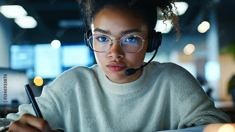 Poster a focused shot of a call center employee working at their desk, taking notes while speaking with a c
