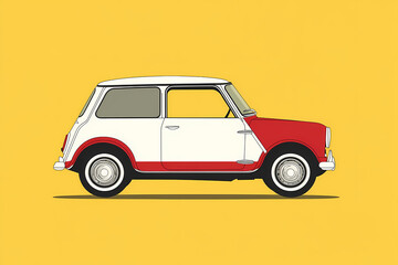 Fototapeta premium Classic Car on Yellow: A charming classic automobile, resplendent in red and white hues, is seen from a side angle, evoking a sense of retro style.