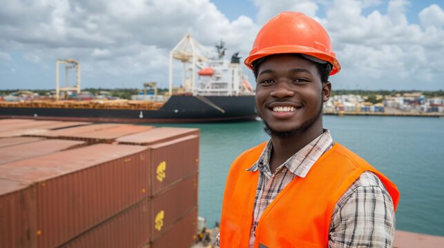 Smiling dockworker, cargo ship, port, sunny day, import/export
