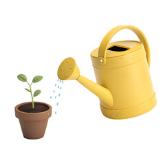 Cute Yellow Watering Can with Happy Face Watering a Small Plant – 3D Cartoon Illustration