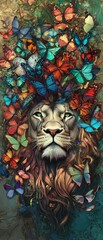 Obraz premium Lion portrait surrounded by vibrant colorful butterflies.