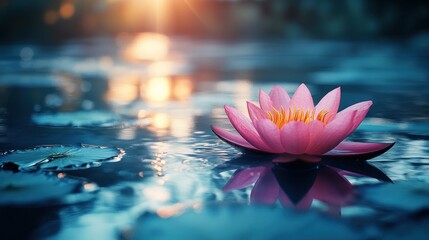 Serene lotus flower on tranquil water at sunrise