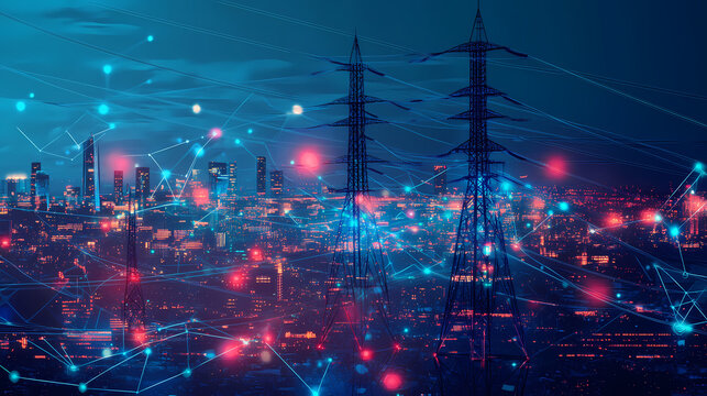 Energy Grid Network: A high-angle shot reveals a sprawling urban landscape blanketed by a mesmerizing network of interconnected energy grids, bathed in the cool glow of a digital cityscape. 