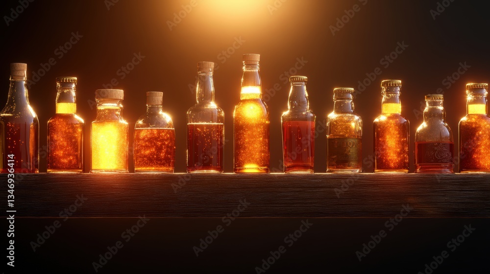 Poster a stunning high-resolution photorealistic rende of a rustic bar shelf displaying amber liquor bottle