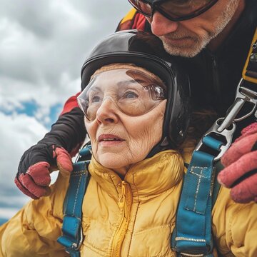 Senior woman prepares for skydiving jump with instructor on a cloudy day in the mountains