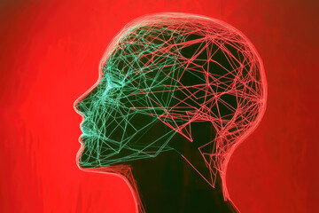 A red wireframe depiction of a face, highlighting complexity and the intersection of technology and human representation.