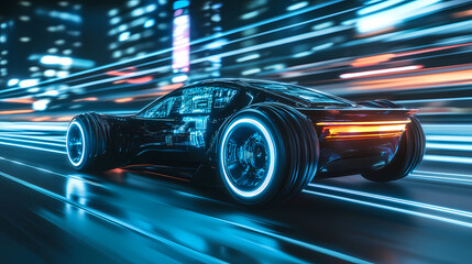 Futuristic Speed: An ultra-modern vehicle, glowing with neon lights, races through a cyberpunk cityscape at blurring speed. This image embodies technology and speed.