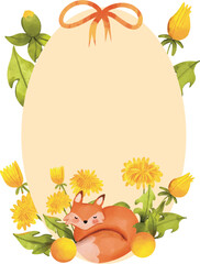 Watercolor a cute fox Template card with dandelion, Vector illustration perfect for cheerful and festive celebrations. Template for greeting card or poster. Birthday fox Invitation isolated elements.