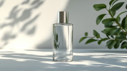 Clear cylindrical bottle with a silver cap on a surface