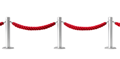 Elegant red velvet rope stanchions create an exclusive VIP entrance, a symbol of prestige and anticipation against a clean white background.