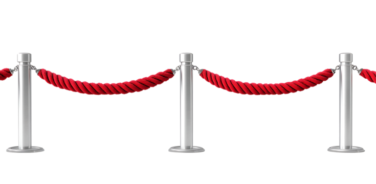 Elegant red velvet rope stanchions create an exclusive VIP entrance, a symbol of prestige and anticipation against a clean white background.
