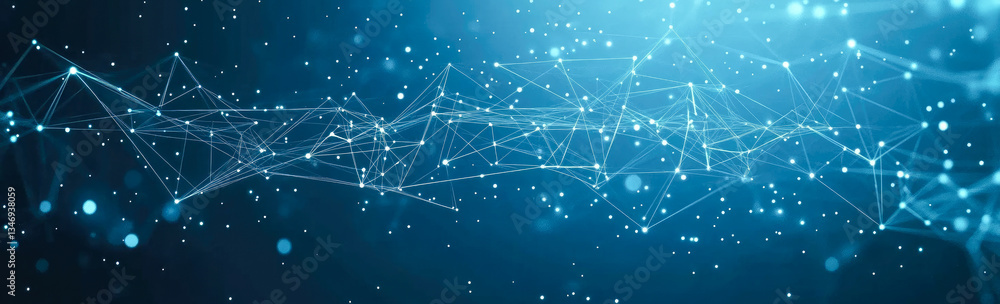 Poster an elegant, cascading view of blue particle connections that conveys a sense of fluidity and moderni