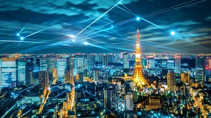 Naklejka premium Futuristic cityscape with network connections over urban infrastructure