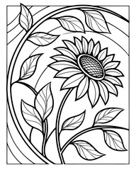 Sunflower and Vines: A detailed black and white line drawing showcases a vibrant sunflower surrounded by graceful vines and leaves, inviting creativity and artistic expression.