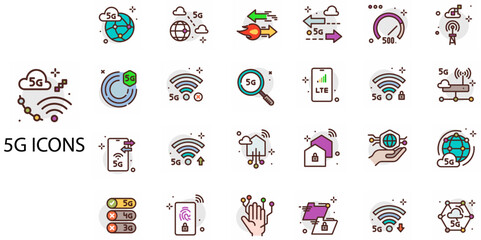 Fototapeta premium 5G simple concept 24 colour icons set. Contains such wireless, glow, infrastructure, speed, media, network .Vector illustration.