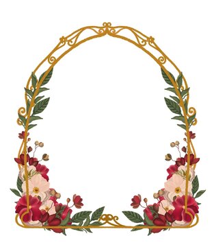 Vintage invitate gold frame with red and beige flowers. Wedding announcement, anniversary card, invitation template 