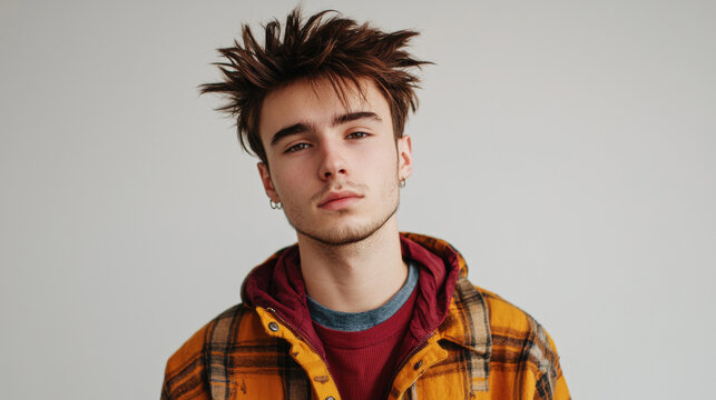 A young man with spiked brown hair in a casual outfit, mischievous look, simple white background, vibrant colors, dynamic energy, sharp focus