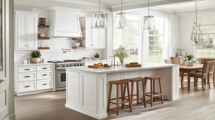 Fototapeta premium Elegant White Kitchen Design with Island and Dining Area