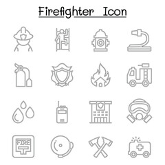 Fireman, Fire Fighter, Fire Station icon set in thin line