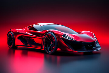 Crimson Speedster: A sleek, futuristic crimson sports car gleaming under a dramatic red and black backdrop, exuding power and velocity in a studio setting.