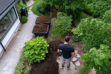 A gardener stands in a well-maintained garden area with fresh mulch piles, preparing the soil for planting, representing dedication to gardening and nurturing fresh growth.