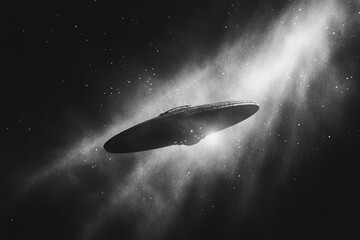 Obraz premium Monochrome UFO Spaceship in Cosmic Dust Cloud, Sci-Fi Artwork