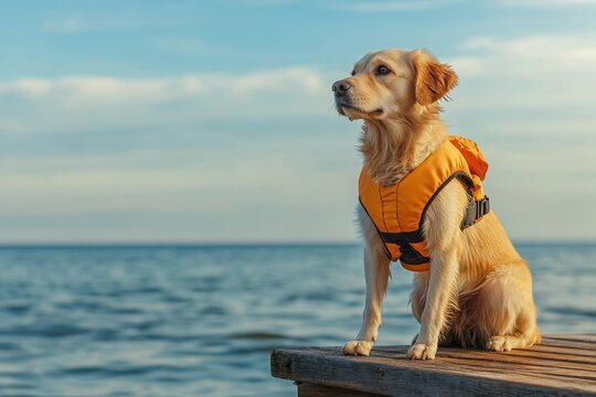 Golden retriever dog wearing an orange life jacket sitting on a wooden pier by the sea with blue sky and water in the background - Powered by Adobe