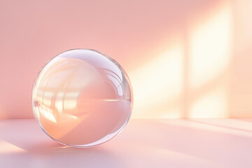 A mesmerizing crystal sphere reflects soft light against a pink backdrop, symbolizing clarity and tranquility in design.