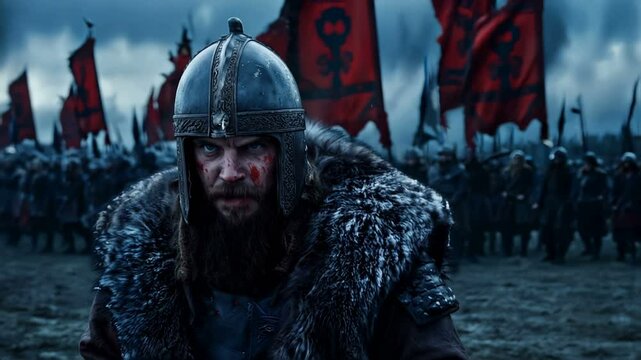 An Epic Battle Scene portraying a fierce Viking Warrior in an intense clash, with fluttering banners flying high