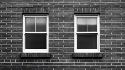 A monochrome image of a brick wall featuring two white-framed windows, showcasing a minimalistic architectural design.