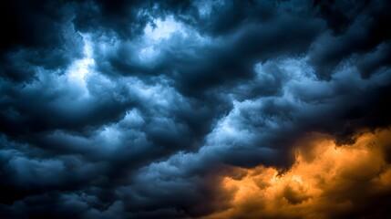 Fototapeta premium Dramatic Sky with Dark Storm Clouds and an Orange Glow at Dusk Creating a Tense Atmosphere