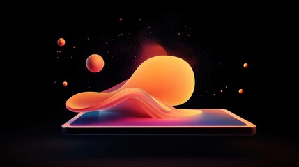 A digital tablet floating in mid air with a holographic interface.