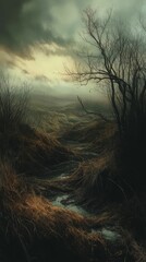 Moody landscape: overgrown grass water and sky.
