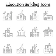 School building icon set in thin line style