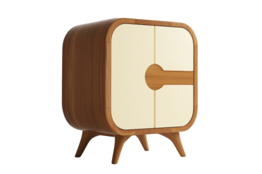 Retro mid-century modern cabinet with cream doors and tapered legs in warm bamboo texture