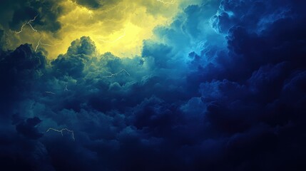 Dramatic storm clouds illuminated by yellow light, creating a striking contrast against deep blue sky backdrop