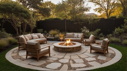 Fototapeta premium A cozy outdoor living space featuring a fire pit and seating