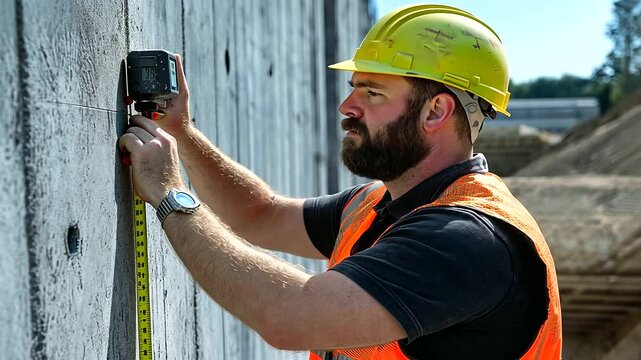 A professional using a digital measuring tool to check the alignment of a wall on a construction site.