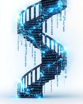 Time warp future parallel. A digital representation of a DNA double helix composed of binary code, symbolizing the intersection of biology and technology.
