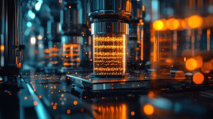 Futuristic technology cylinder glowing in factory setting
