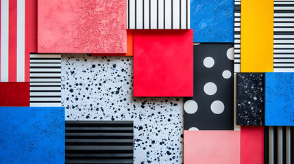A vibrant collage of colored panels featuring various textures and patterns, including stripes, polka dots, and solid colors