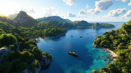 Obraz premium Stunning Adriatic Odyssey Scene with Azure Waters, Lush Islands, and Sailboats in a Tranquil Bay ? A Photorealistic 3-Giixel Masterpiece