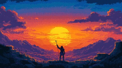 Obraz premium Pixel art warrior faces majestic sunset scene.