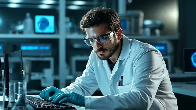 A scientist analyzing research data on a computer, surrounded by laboratory equipment and scientific journals.